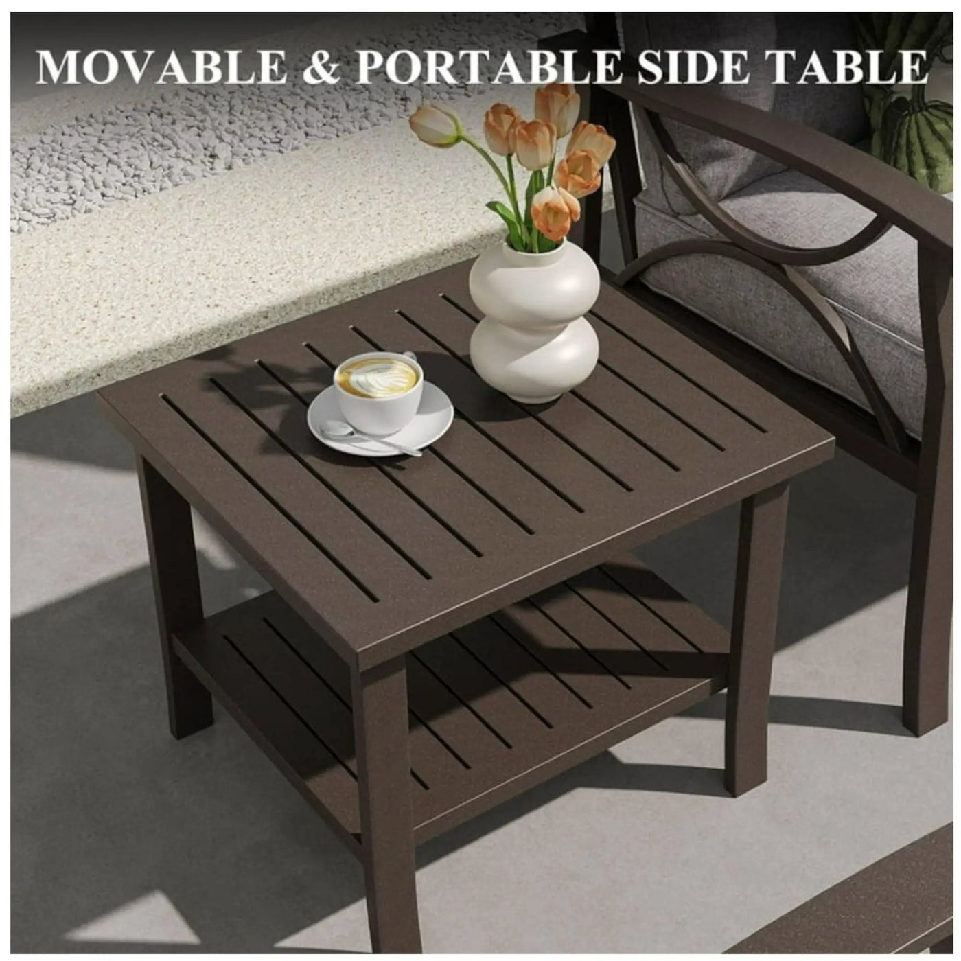 Square 2 Tier All-Weather Outdoor Side Table With Slatted Top by HouseOfZazla