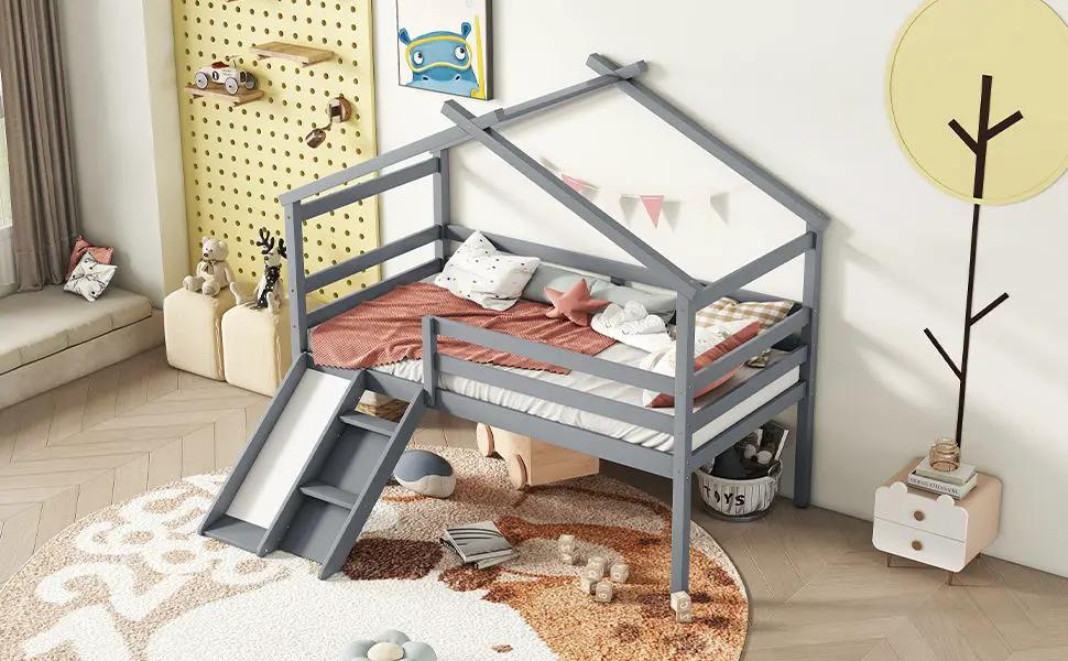 Low Loft House Bed With Slide, Ladder, Safety Guardrails, House Roof Frame by HouseOfZazla