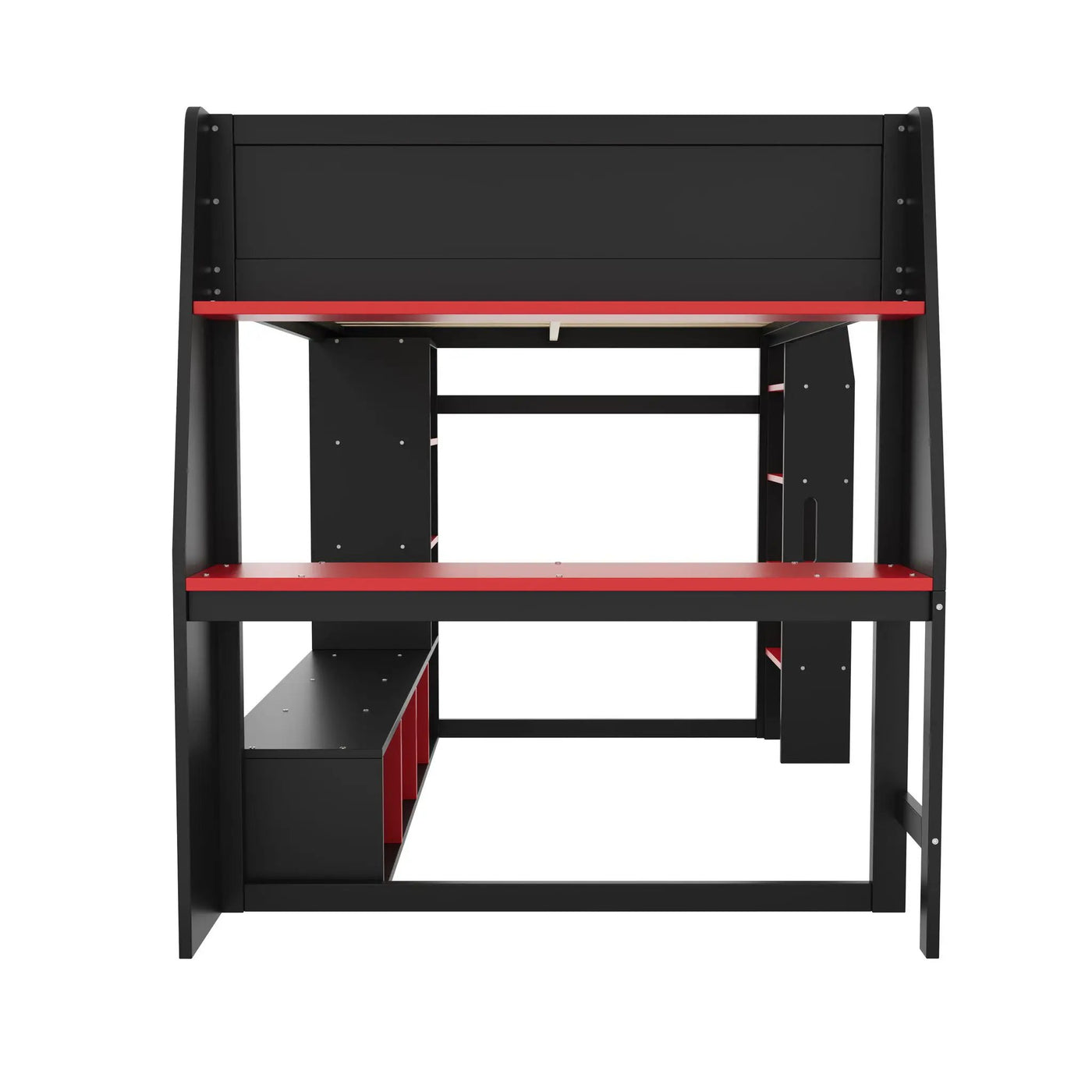 Gaming Loft Bed With Desk, Multi Storage Shelves, LED Lighting, And Hanging Clothes Rack by HouseOfZazla