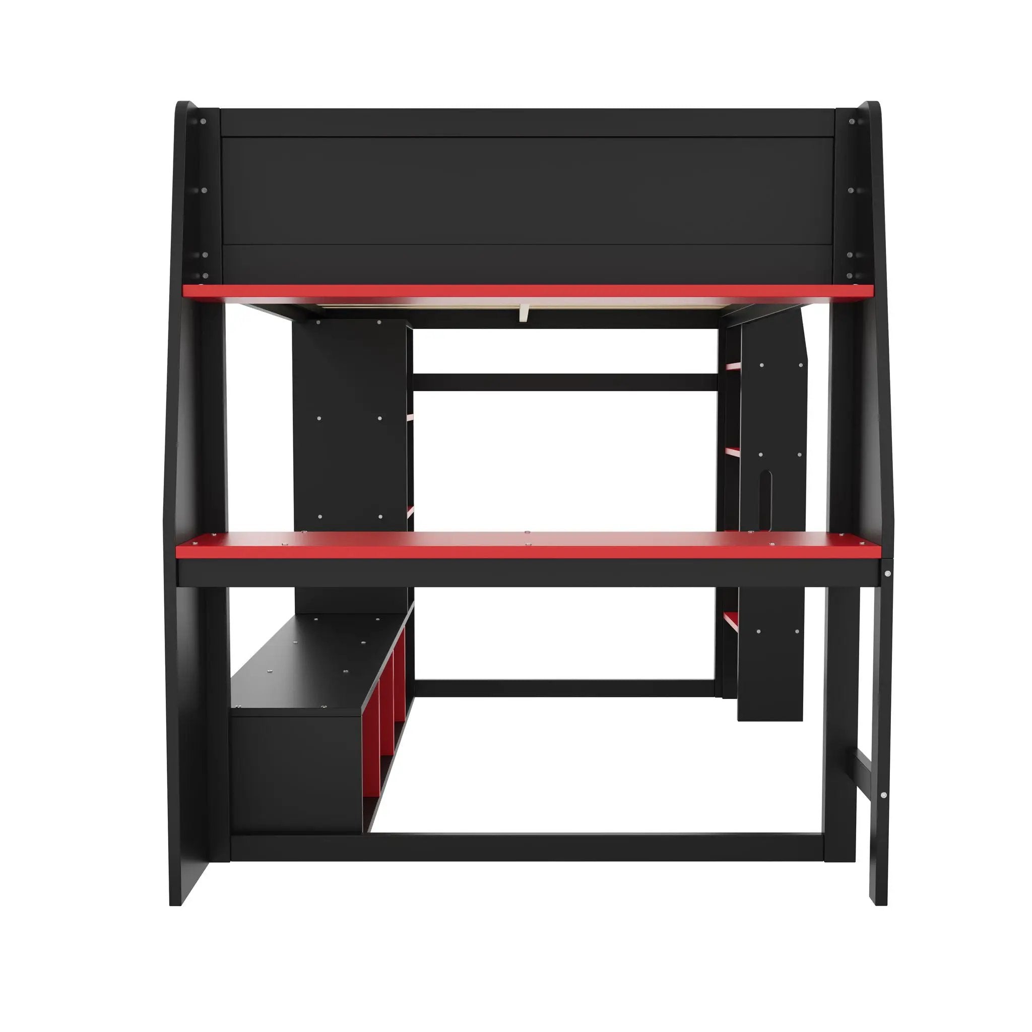 Gaming Loft Bed With Desk, Multi Storage Shelves, LED Lighting, And Hanging Clothes Rack by HouseOfZazla