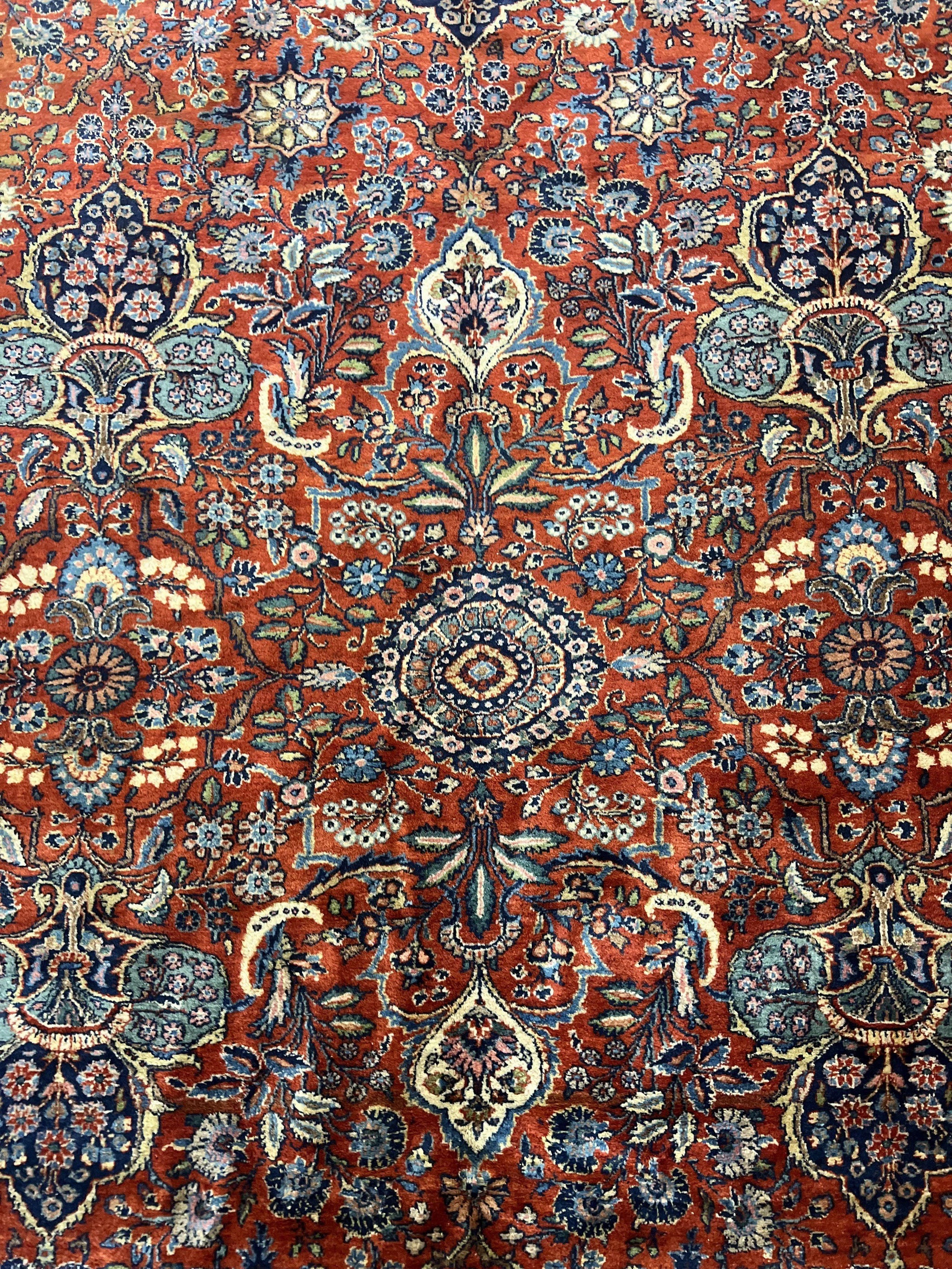 Persian Sarouk Rug 9x12, Red and Dark Blue Floral Allover Antique Persian Carpet, Handmade Wool Qazvin Rug by Jewel Rugs