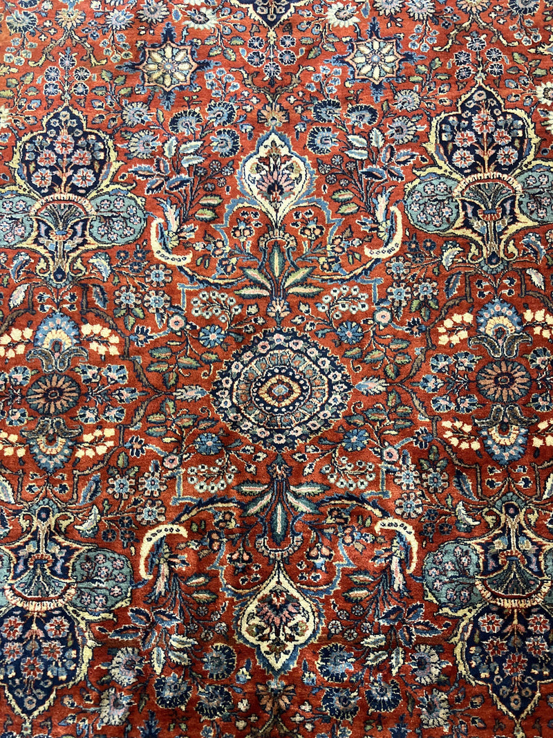 Persian Sarouk Rug 9x12, Red and Dark Blue Floral Allover Antique Persian Carpet, Handmade Wool Qazvin Rug by Jewel Rugs
