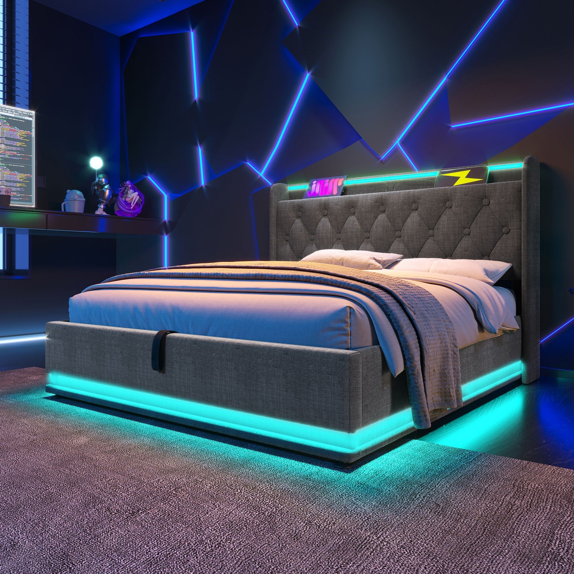 Upholstered Bed, 360 Surround LED Function, Remote Control, Hydraulic Storage Bed With USB, Type-C Charging (Without Mattress) by HouseOfZazla