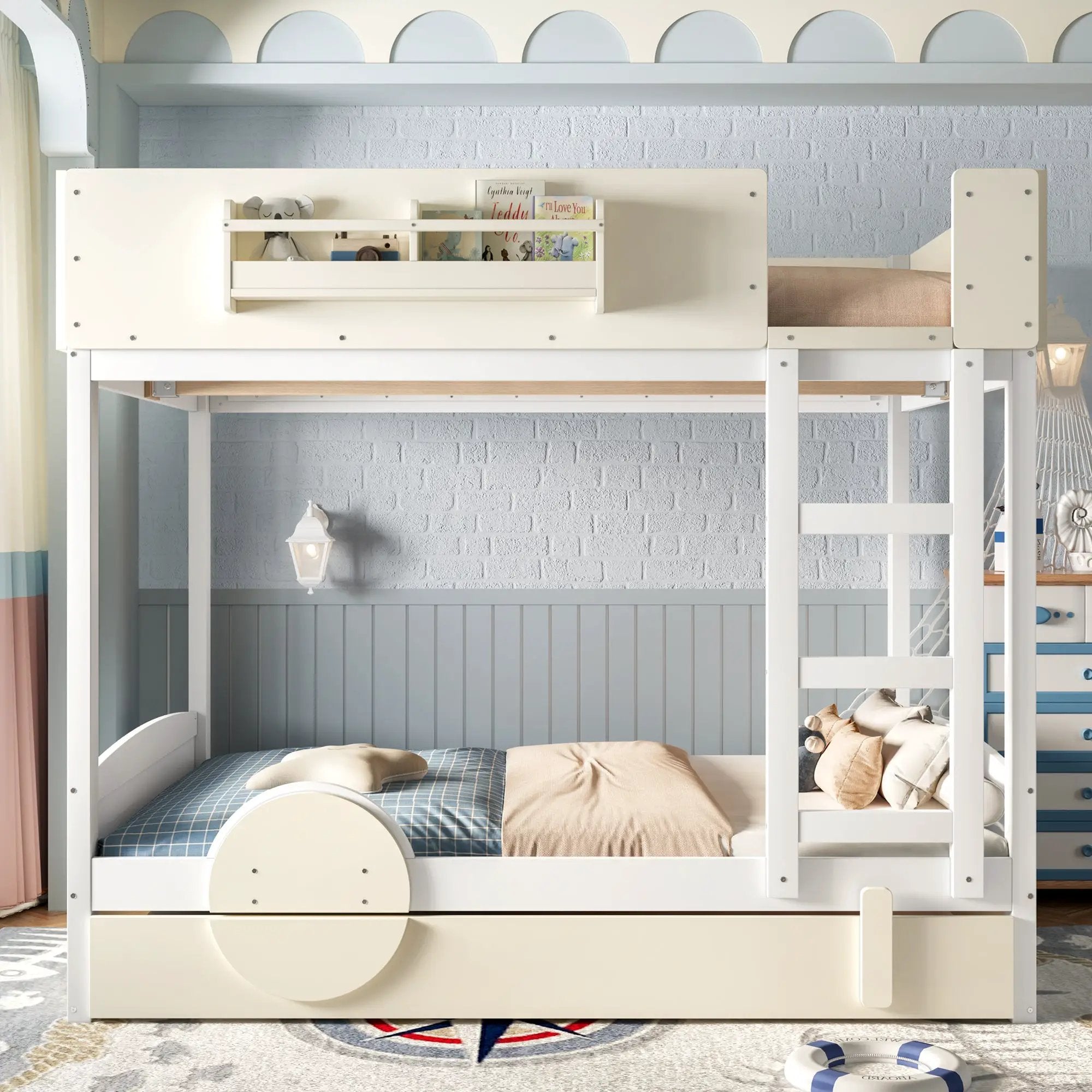 Full Bunk Bed with Trundle, Wood Bunk Bed Frame with Bookshelf by HouseOfZazla