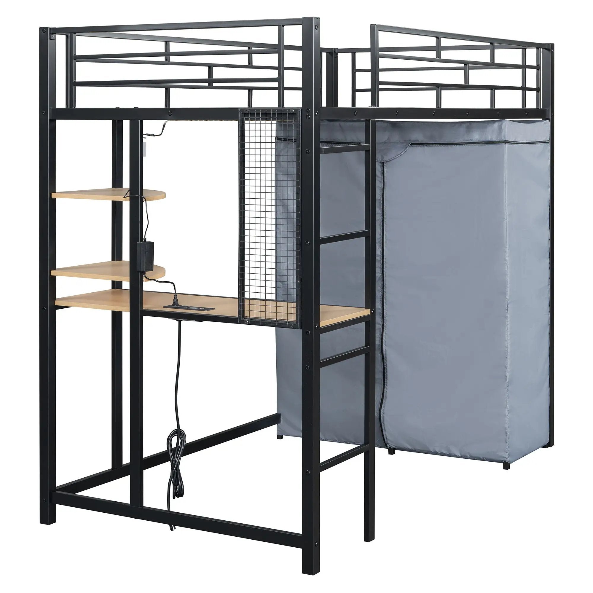 Loft Bed With Desk, Shelves, Power Outlet, LED Light And Wardrobe by HouseOfZazla