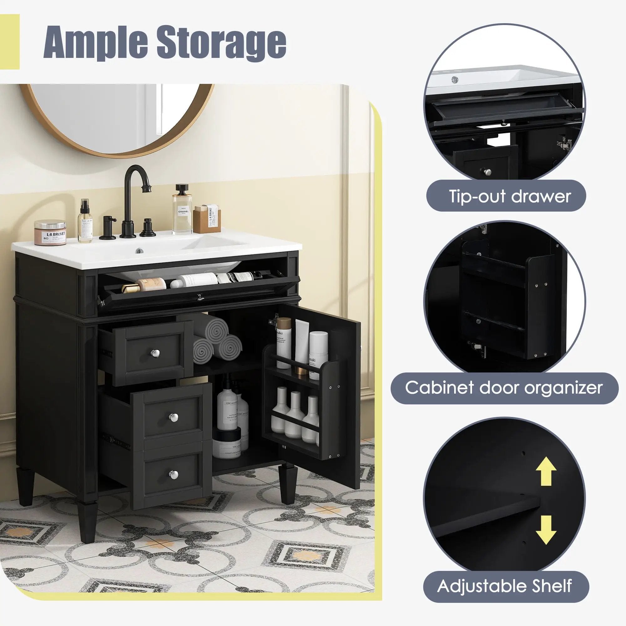 Bathroom Vanity With Top Sink, Storage Cabinet With 2 Drawers, Tip Out Drawer by Unique Piece Furniture