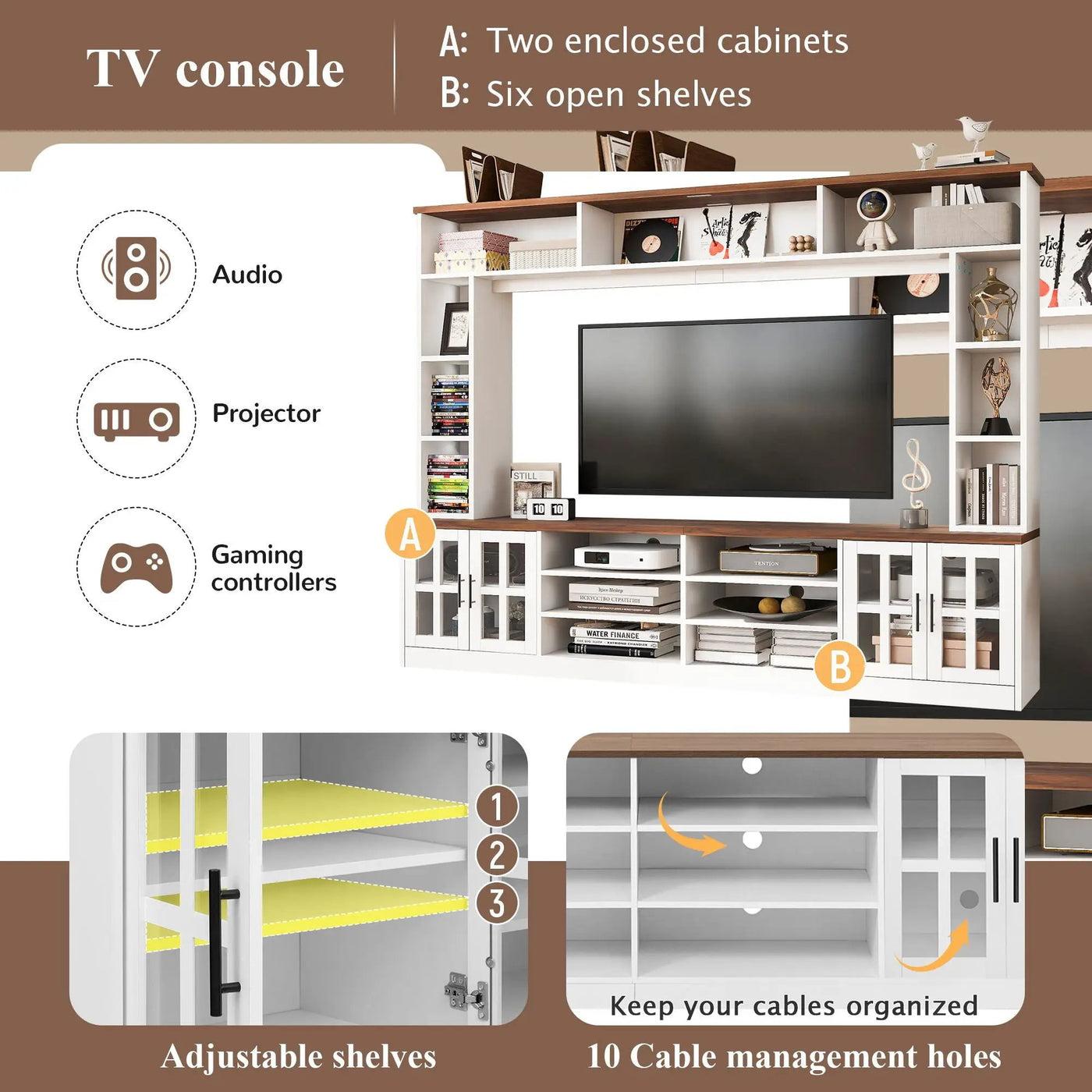 Wall Unit Entertainment Center With Bookshelves For TVs Up To 80", Tempered Glass Doors And Adjustable Shelves by Unique Piece Furniture