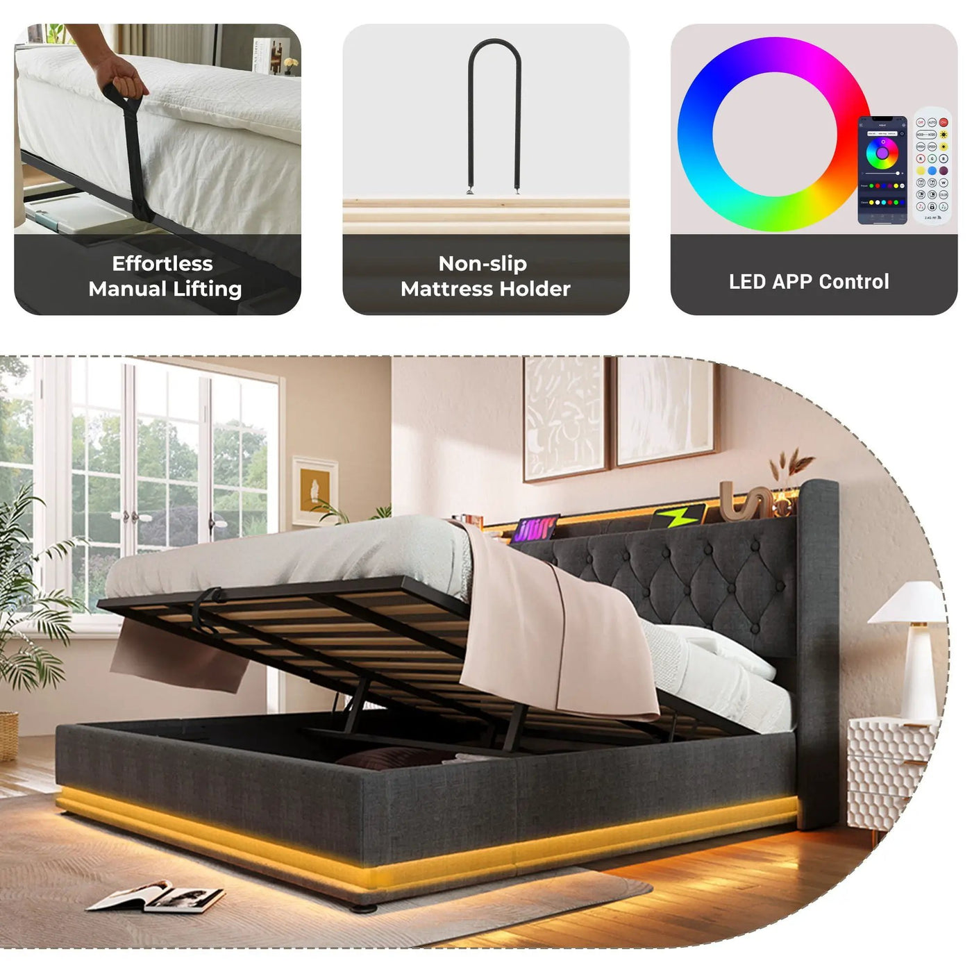Upholstered Bed, 360 Surround LED Function, Remote Control, Hydraulic Storage Bed With USB, Type-C Charging (Without Mattress) by Unique Piece Furniture