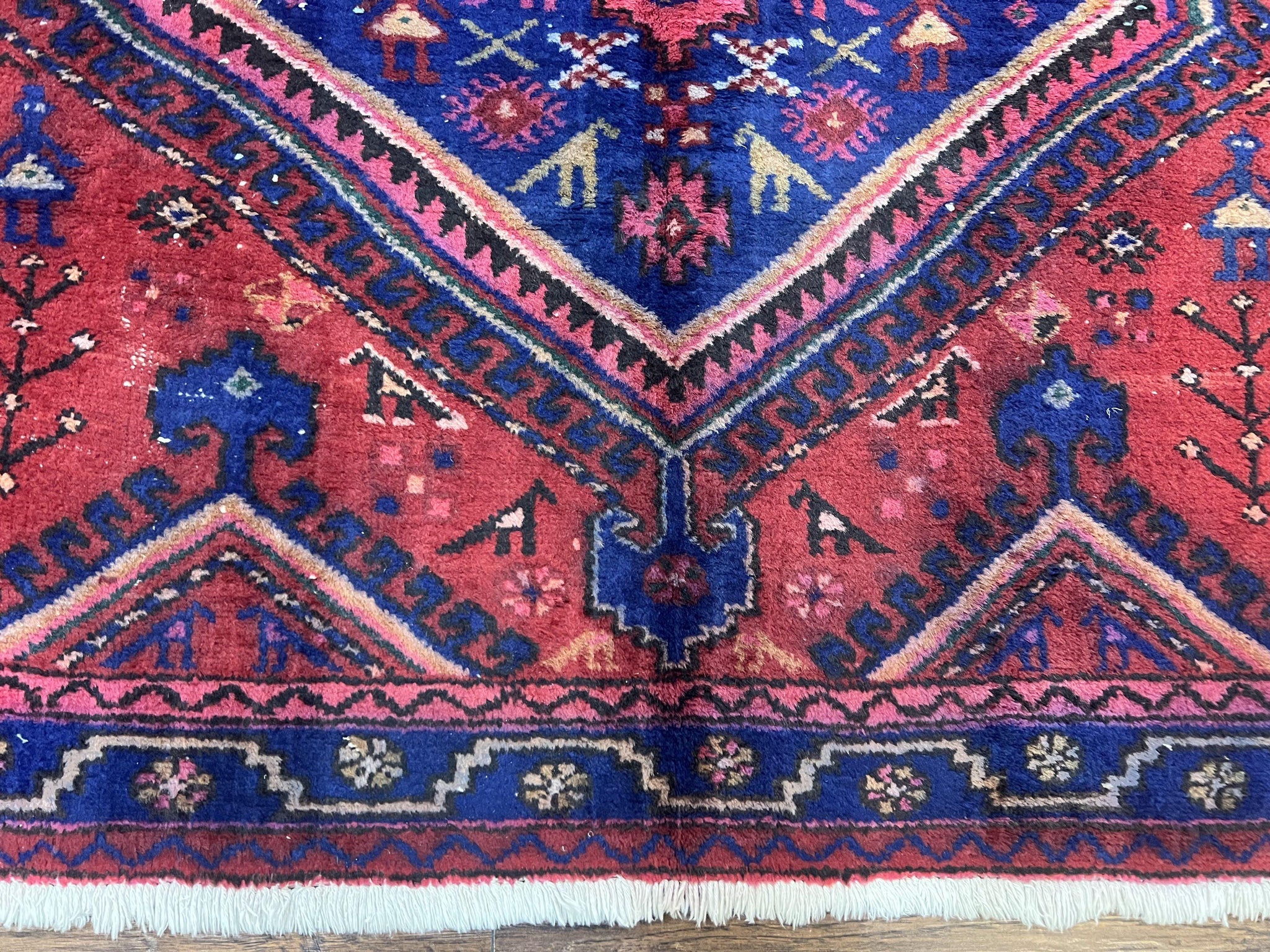 Persian Tribal Rug 5x7, Wool Handmade Vintage Hamadan Nahavand Carpet, Red & Navy Blue, Animal Motifs, Geometric Oriental Rug 5 x 7 by Jewel Rugs