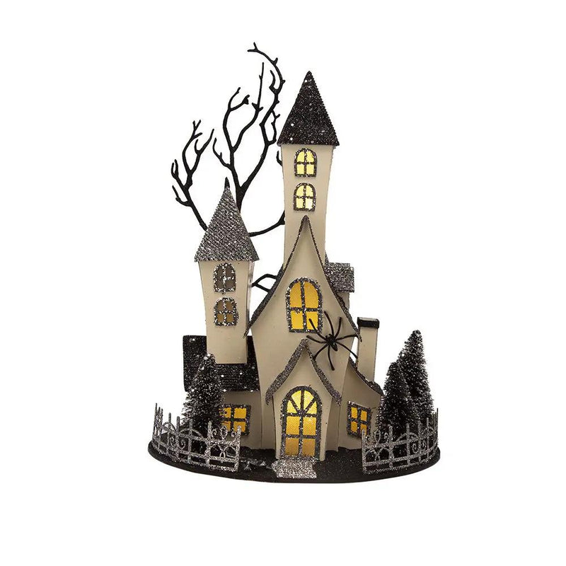 Cardboard Lighted Haunted House, Tabletop Holiday Halloween Decor, Battery Powered - Beige / Black by Unique Piece Furniture