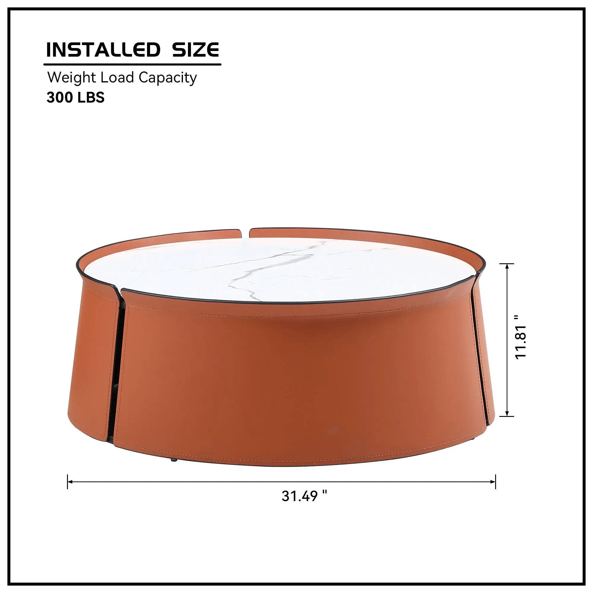 31.5" Coffee Table, Marble Top and Orange Saddle Leather Body by BLAKHOM