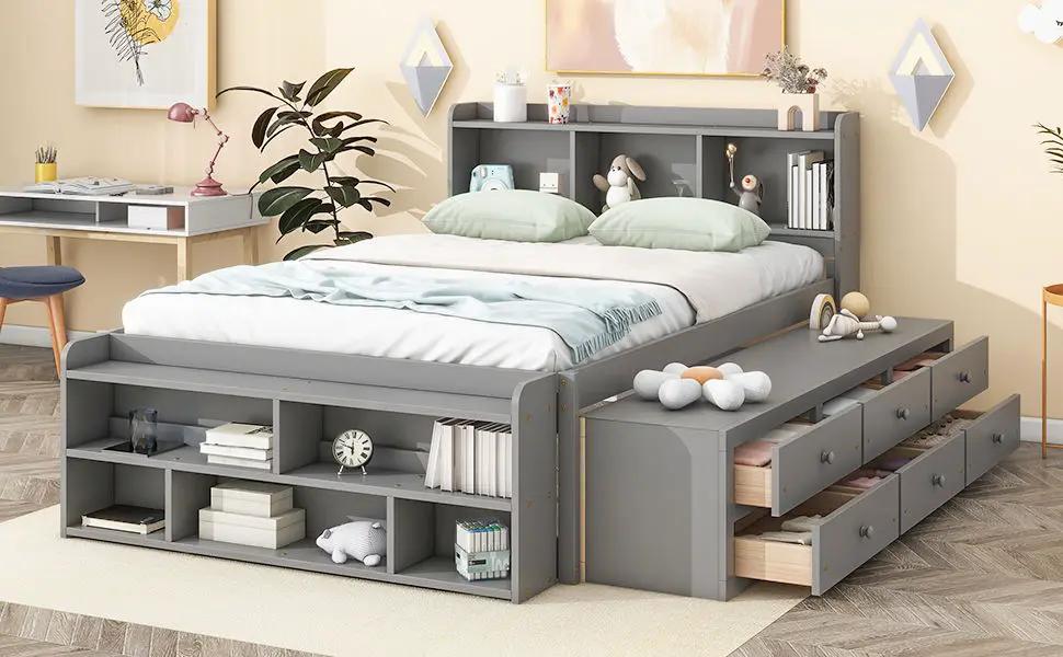 Bed With Bookcase Headboard, Under Bed Storage Drawers And Bed End Storage Case by Unique Piece Furniture