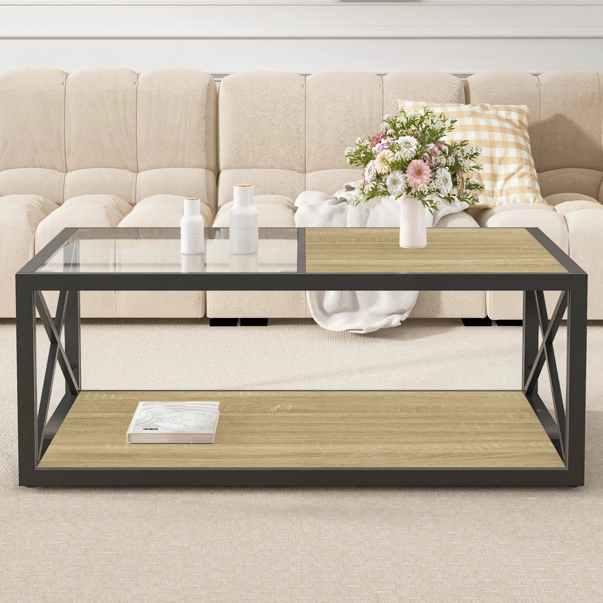 Modern Coffee Table with Tempered Glass and Natural Wood MDF Top by HouseOfZazla