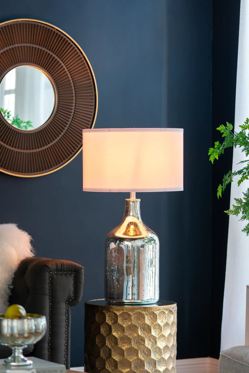 Silver Round Table Lamp with White Fabric Shade by HouseOfZazla
