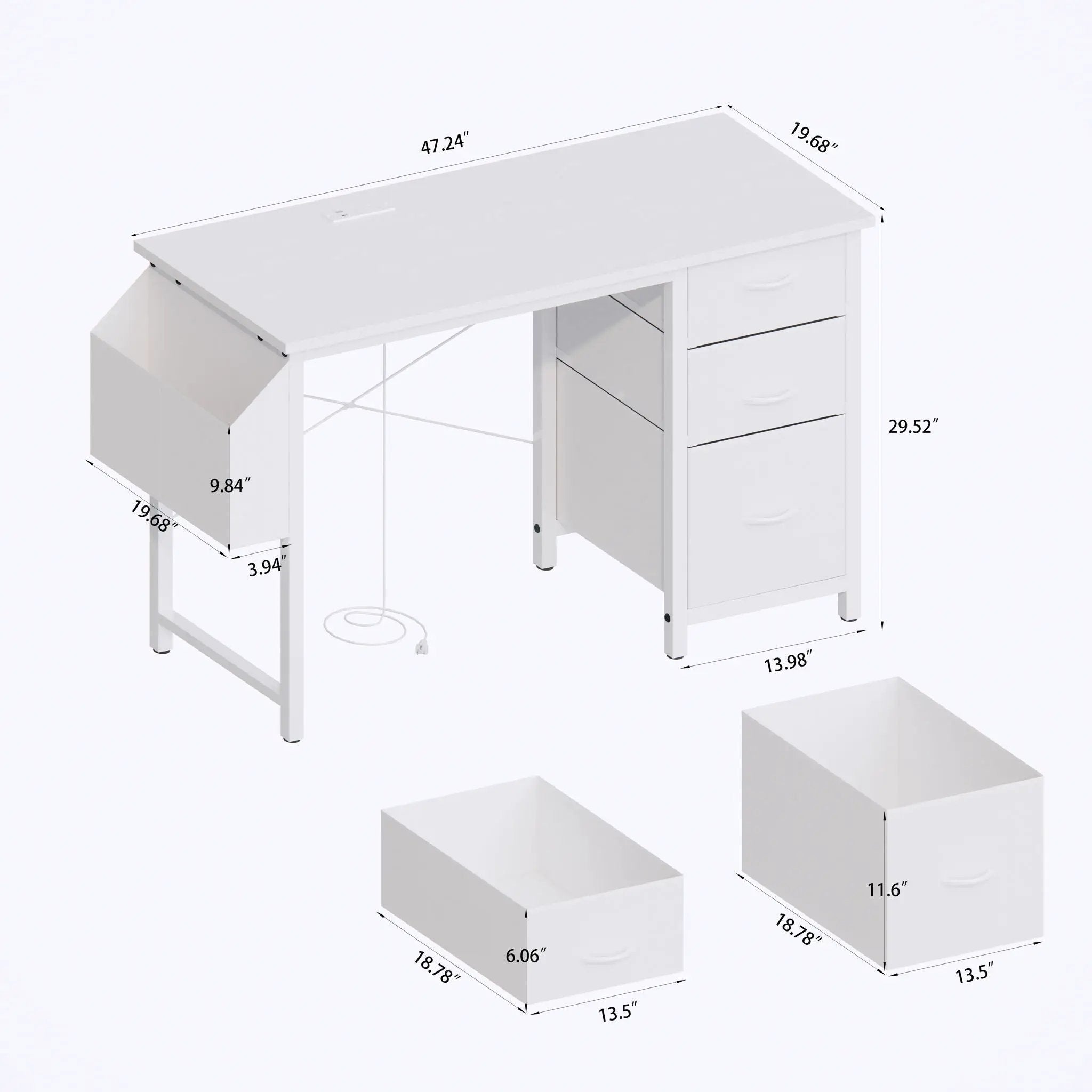 Office Desk With Power Outlet, 3 Drawers And Side Pocket For Office - White by HouseOfZazla