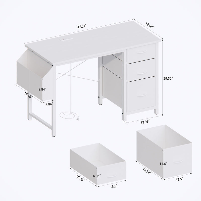 Office Desk With Power Outlet, 3 Drawers And Side Pocket For Office - White by HouseOfZazla