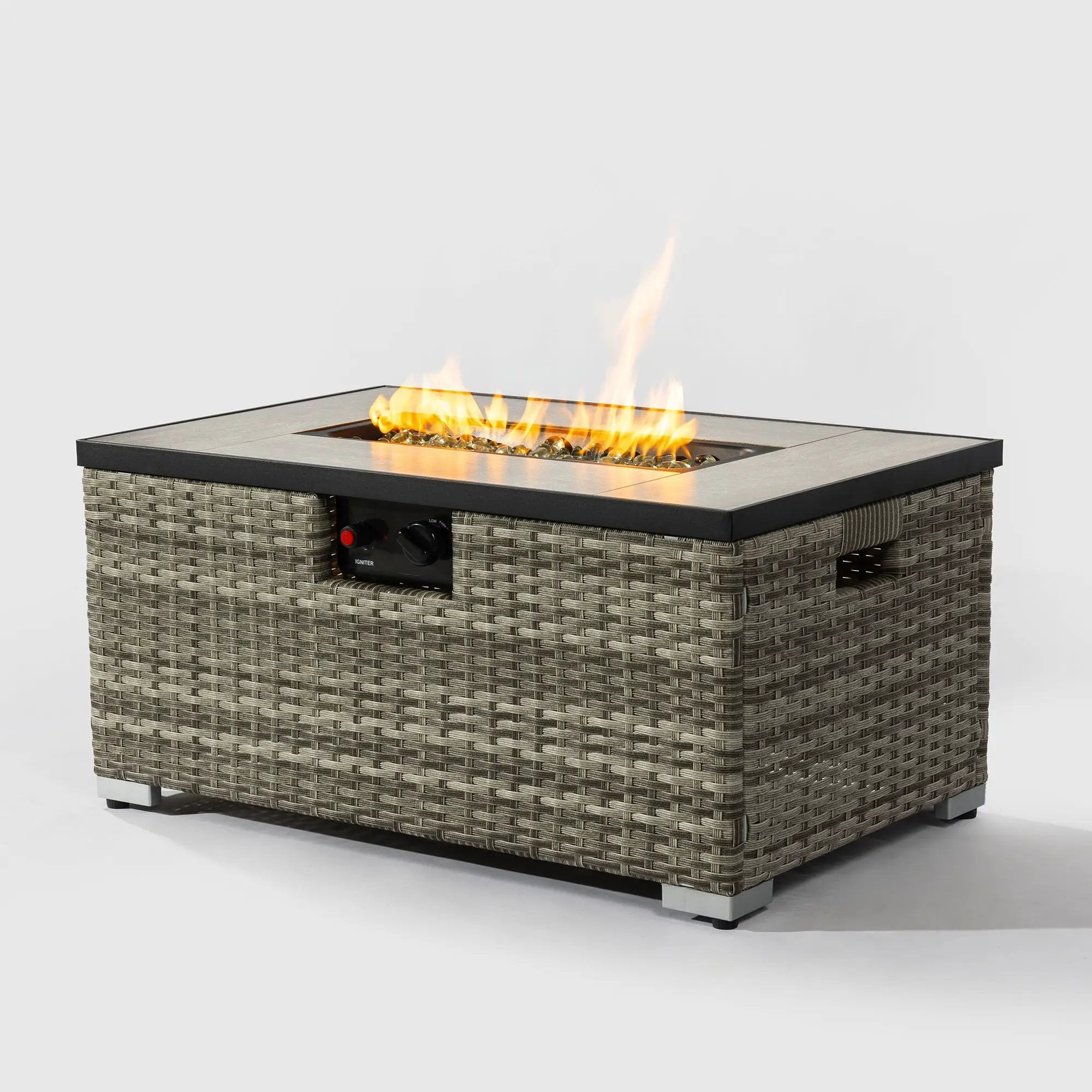 32" Propane Gas Fire Pit Table With Propane Tank Cover, 50000 Btu Rectangular Steel Fire Pit With Beautiful Wicker Base by HouseOfZazla