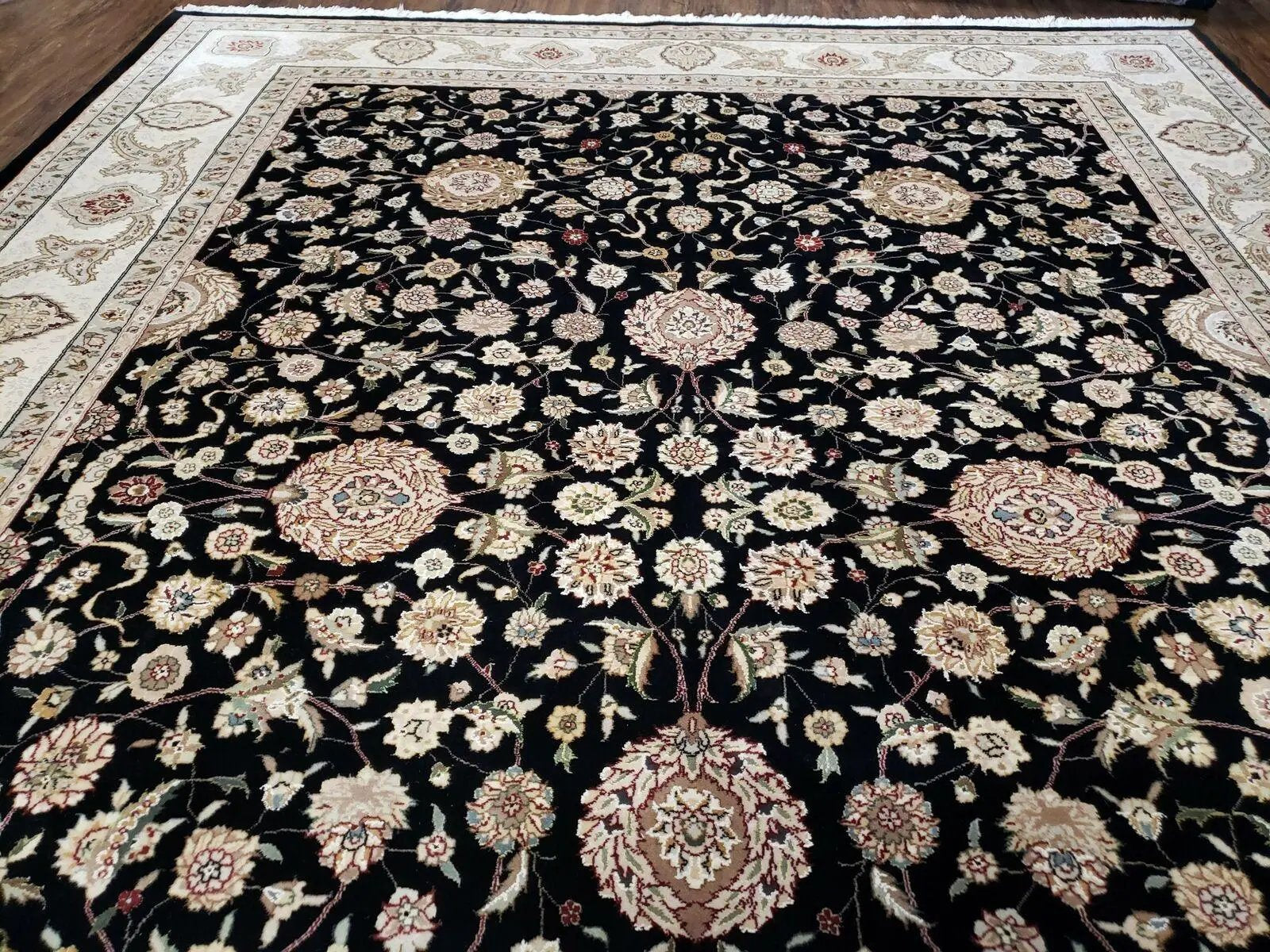 8' 5" X 11' 6" Vintage Handmade Oriental Floral Wool Rug Silk Accent Black Nice by Jewel Rugs