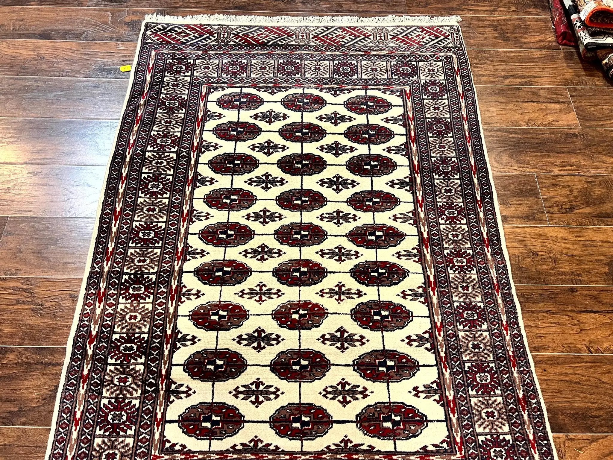 Pakistani Bokhara Rug 4x6, Turkoman Carpet, Vintage Handmade Wool Rug, Ivory by Jewel Rugs