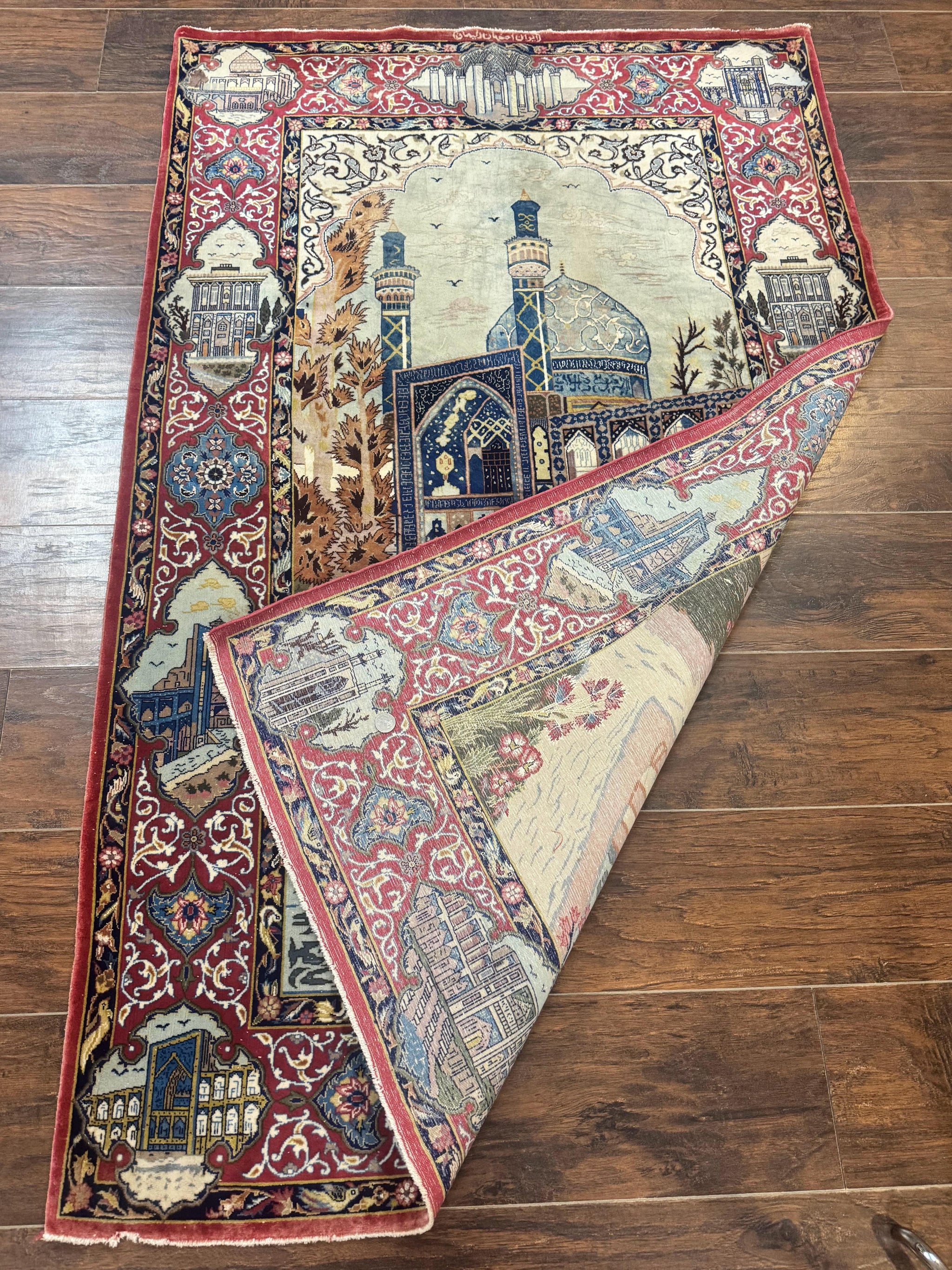 Persian Isfahan Pictorial Rug 3.6 x 5.7, Very Fine 400 KPSI, Historical Buildings, Signed By Masterweaver, Handmade by Jewel Rugs