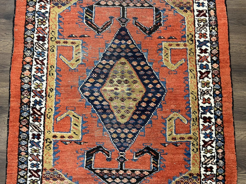 Rare Persian Tribal Runner Rug 3 x 11, Sarab Serab Persian Runner, Antique 1920s Collectible Geometric Medallions Oriental Wool Runner, Hand Knotted, Bright Orange-Red by Jewel Rugs