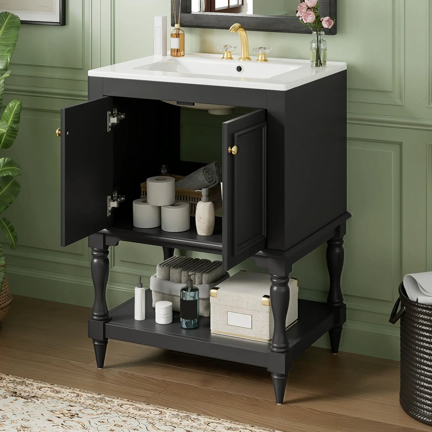 Modern Bathroom Vanity With Sink, Rectangular Cabinet With Open Shelf And Closed Storage by HouseOfZazla