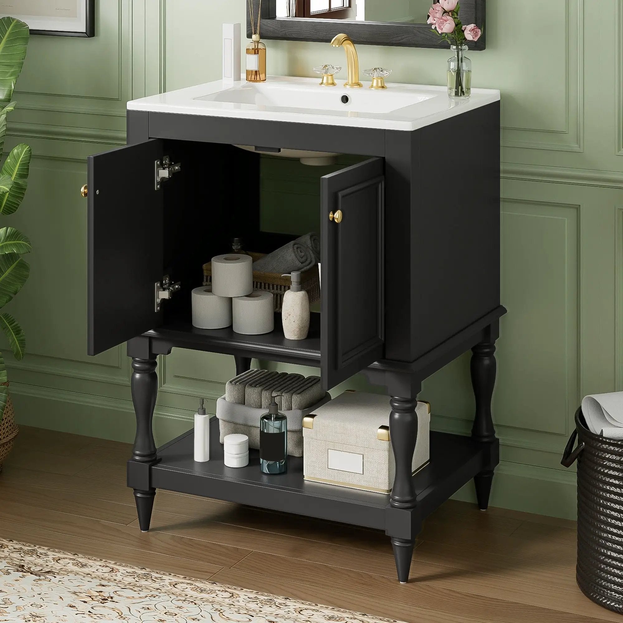 Modern Bathroom Vanity With Sink, Rectangular Cabinet With Open Shelf And Closed Storage by Unique Piece Furniture