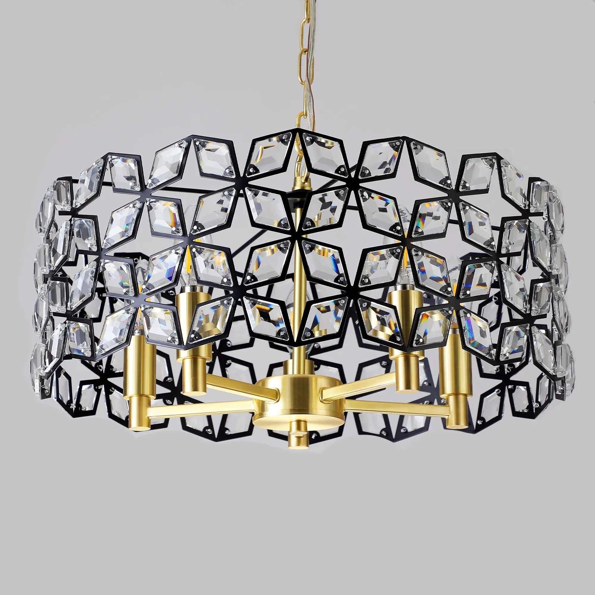 19" Geometric Crystal and Black Gold Round Pendant Chandelier by HouseOfZazla