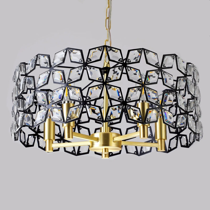 19" Geometric Crystal and Black Gold Round Pendant Chandelier by HouseOfZazla