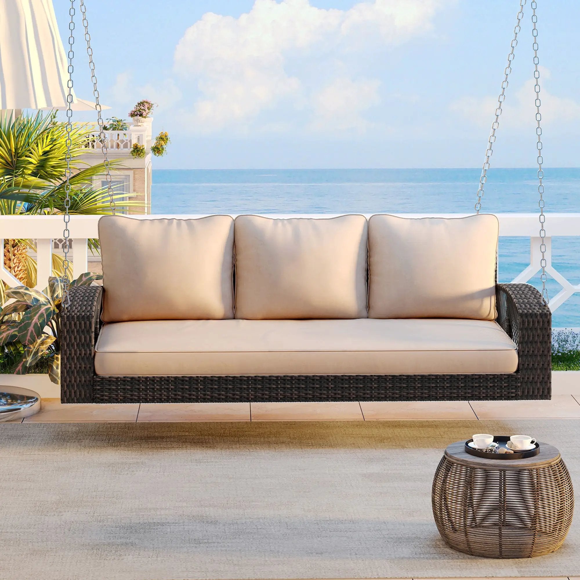 3 Person Large Patio Swing Bench With Cushions For Backyard by Unique Piece Furniture