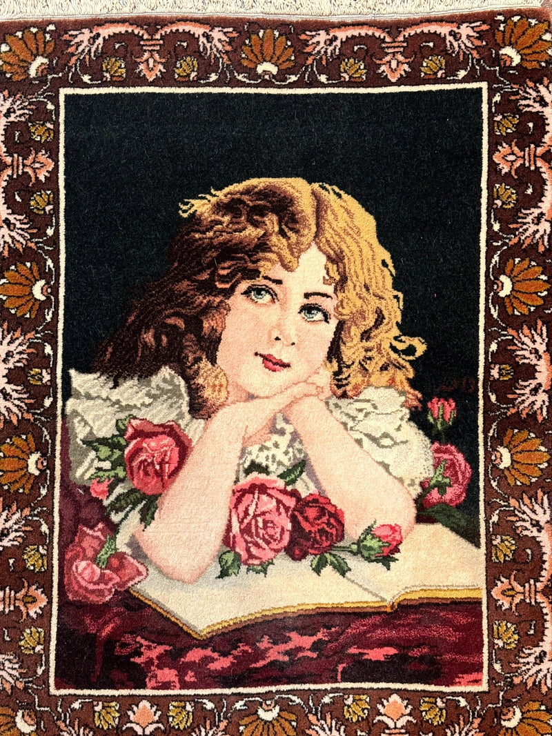 Small Persian Tabriz Pictorial Rug of Young Girl, Very Fine 380 KPSI, Portrait of Young Lady with Roses, Handmade, Persian Rug for Wall Hanging by Jewel Rugs