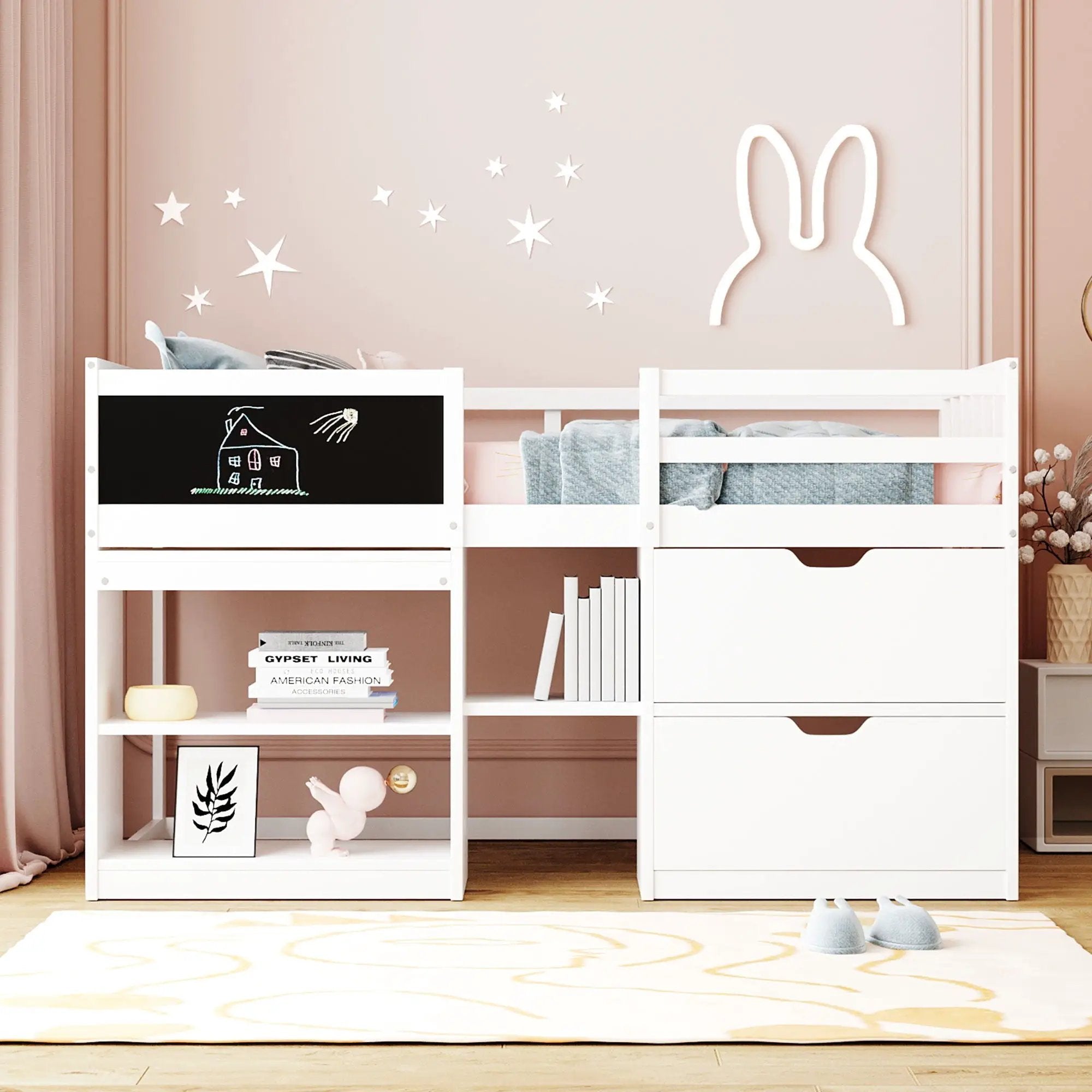 Low Loft Bed With Rolling Desk, Shelf And Drawers by Unique Piece Furniture