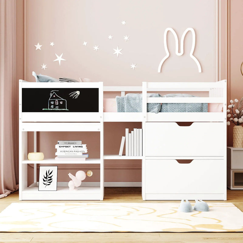 Low Loft Bed With Rolling Desk, Shelf And Drawers by Unique Piece Furniture