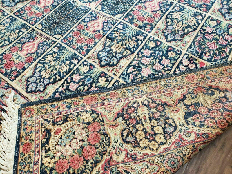 Persian Rug 10x15, Authentic Oriental Carpet 10 x 15, Wool Area Rug Panel Design Hand-Knotted Vintage Kirman Yazd Rug, Dark Blue and Beige, Floral by Jewel Rugs