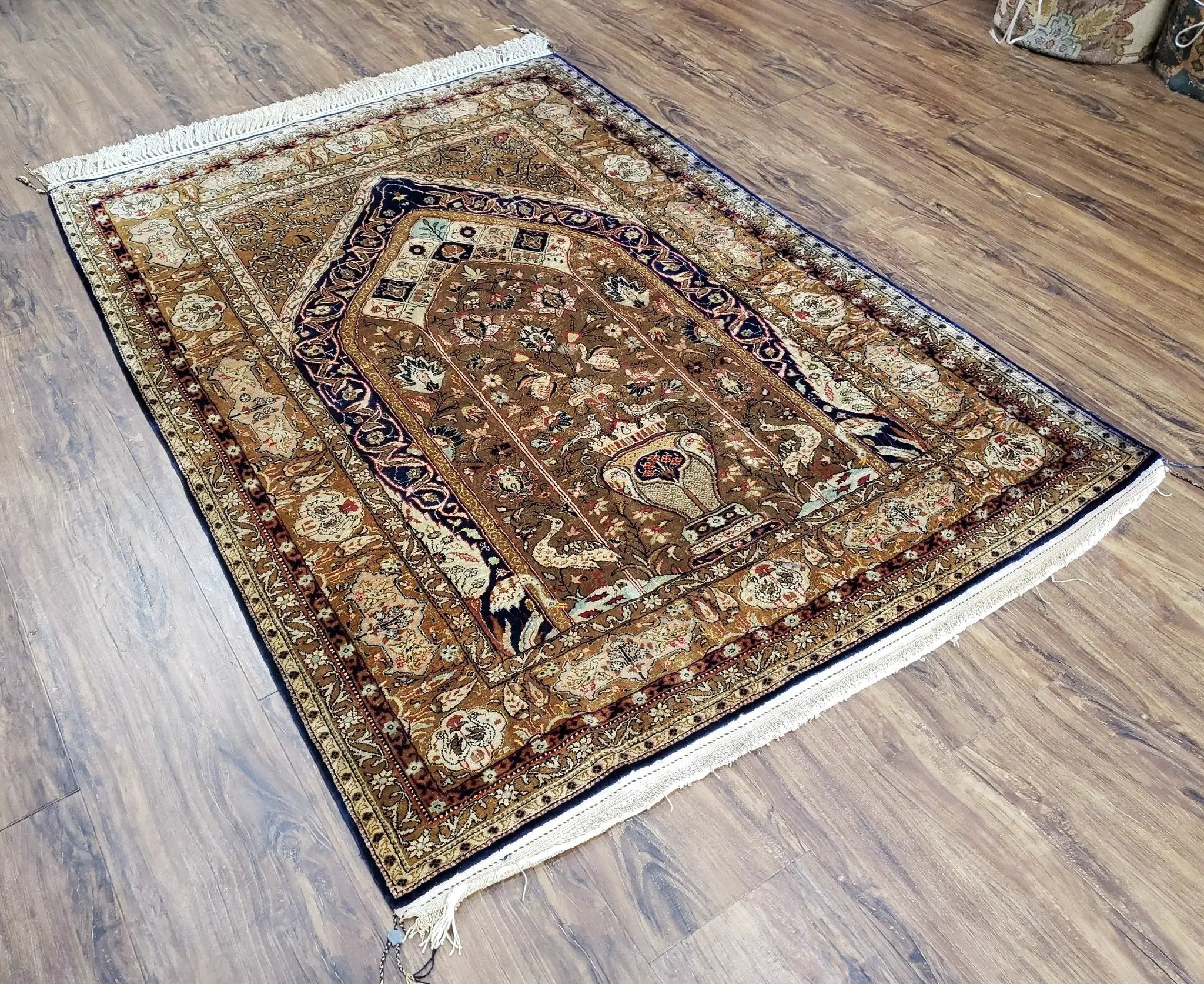 Semi Antique Persian Qum Silk Prayer Rug, Silk, Hand-Knotted, 3'6" x 5' by Jewel Rugs
