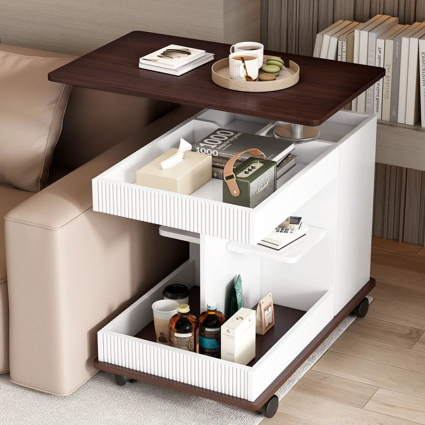 Adjustable End Table With Wheels, 360°Rotating Top And Storage Space by HouseOfZazla
