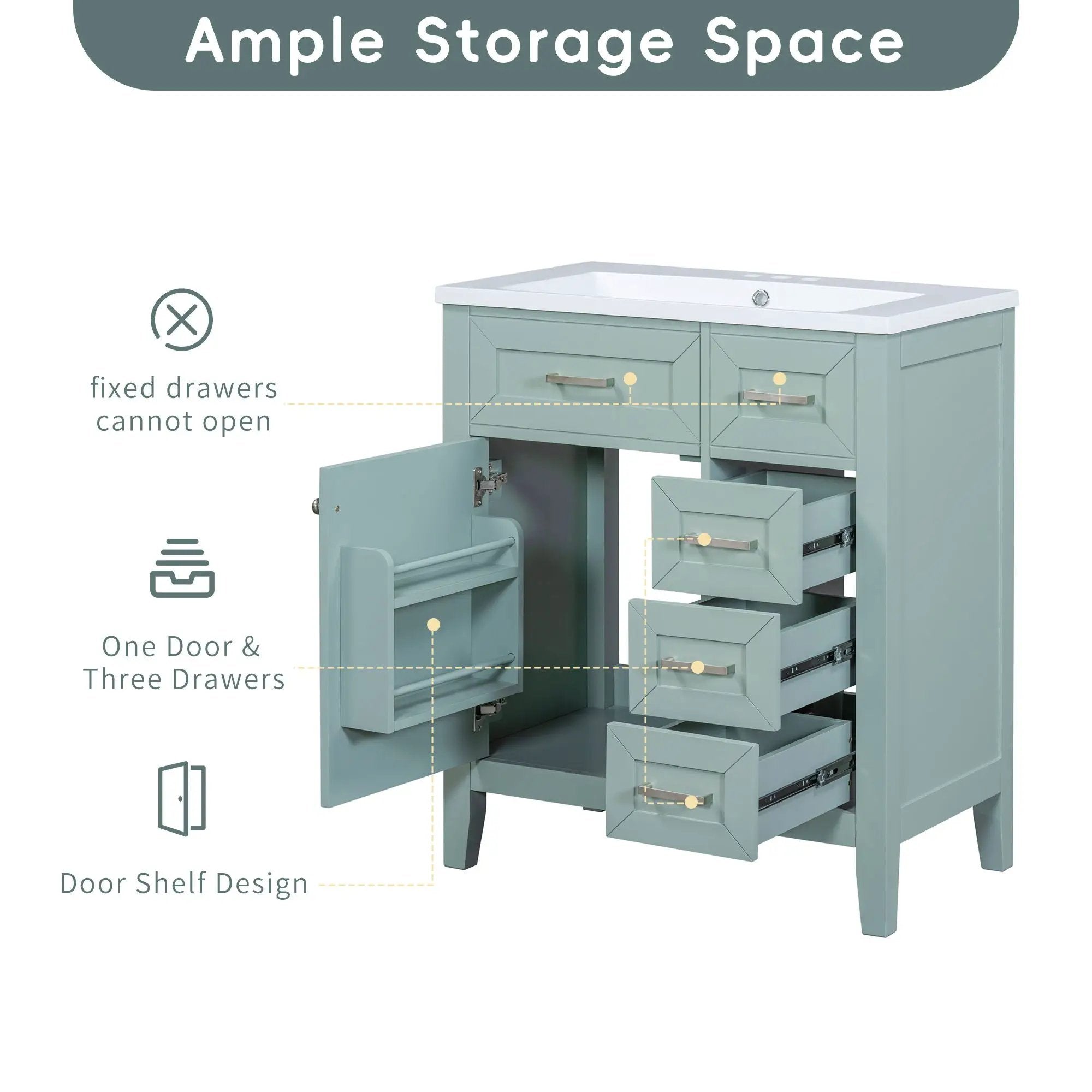 30" Bathroom Vanity Without Sink, Cabinet Base Only, Bathroom Cabinet With Drawers - Green by HouseOfZazla
