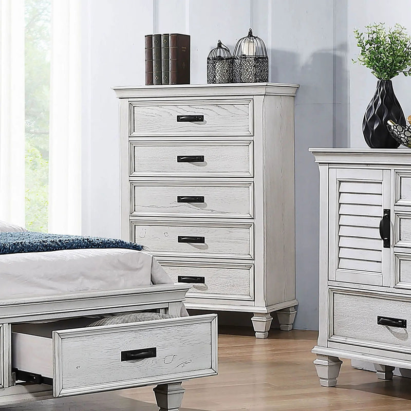 Franco 5-drawer Bedroom Chest Distressed White by Unique Piece Furniture