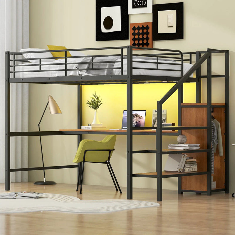 Loft Bed With Desk, Storage Staircase, Small Wardrobe And LED Light by Unique Piece Furniture