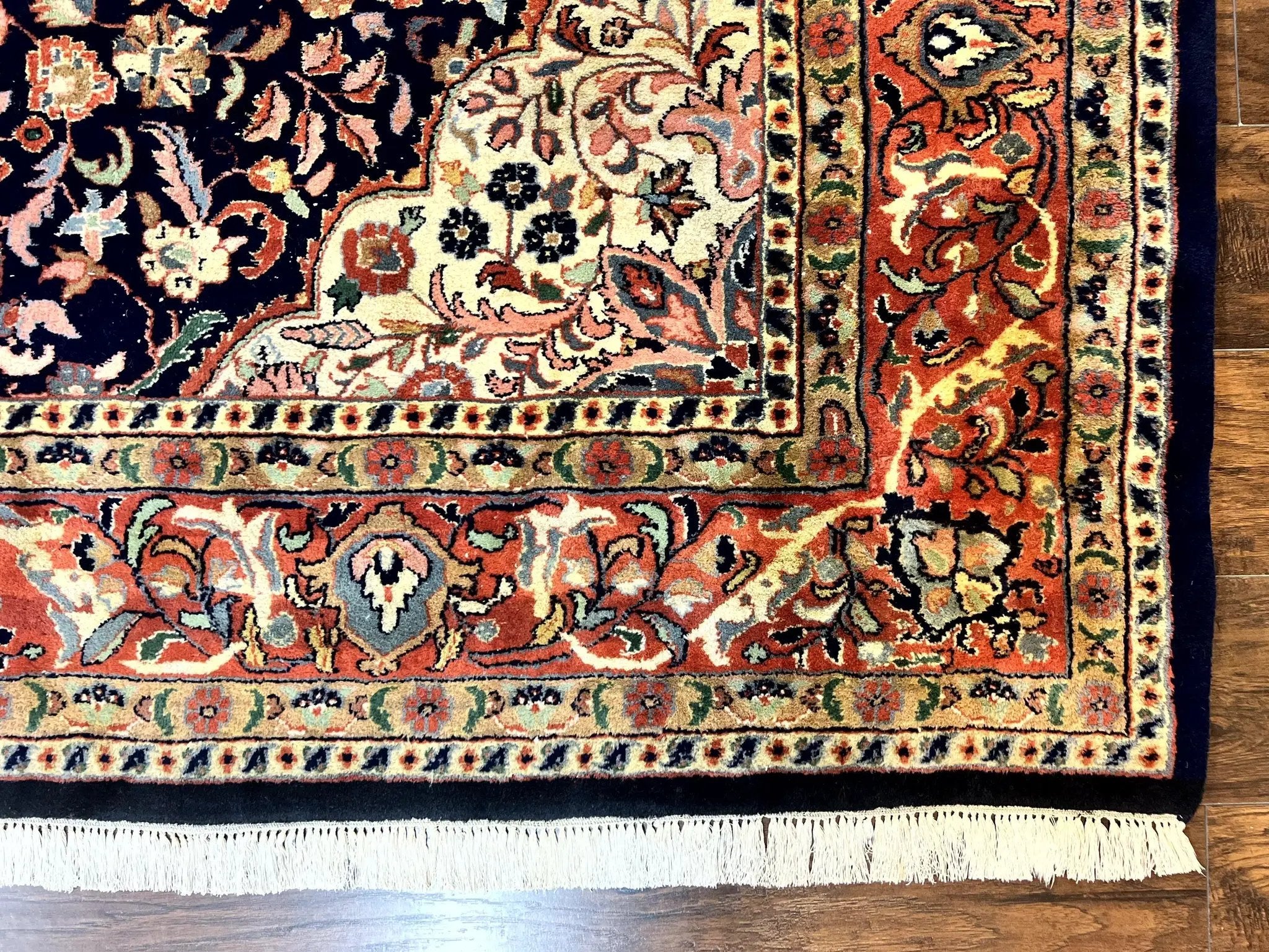 Indo Persian Rug 8x10, Midnight Blue & Red, Handmade Vintage Wool Carpet, Floral Medallion by Jewel Rugs