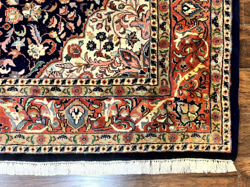 Indo Persian Rug 8x10, Midnight Blue & Red, Handmade Vintage Wool Carpet, Floral Medallion by Jewel Rugs