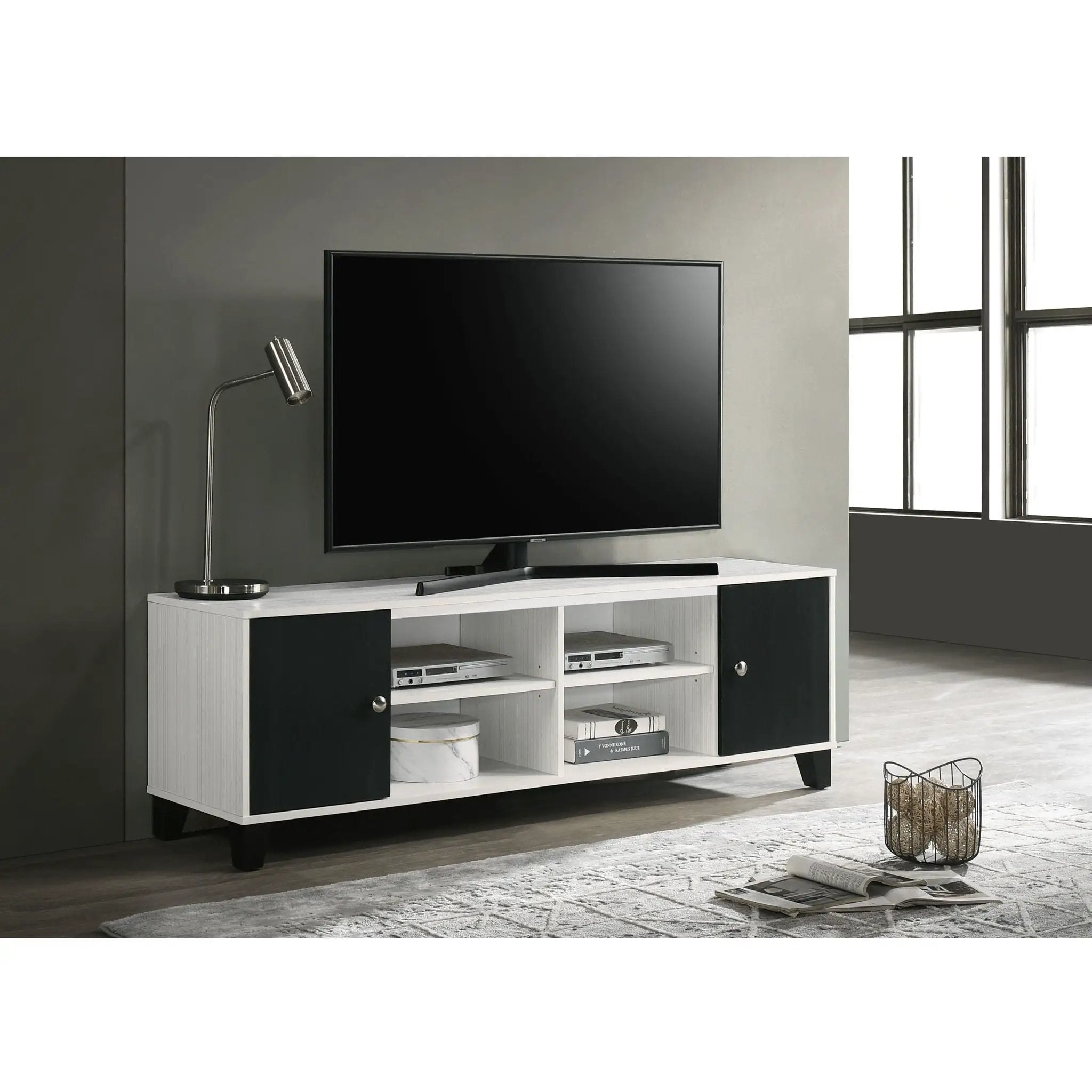 2 Tone TV Stand With Open Shelving And Concealed Storage Living Room Furniture - Black / White by HouseOfZazla