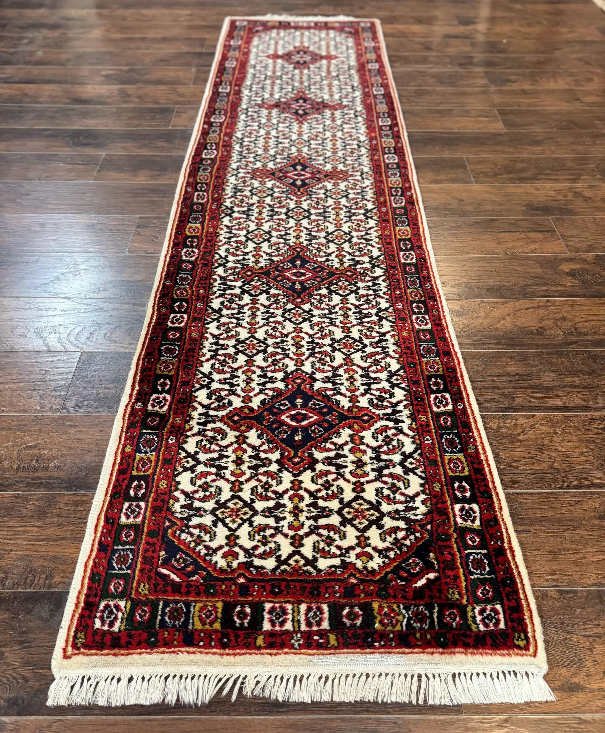 Indo Persian Bidjar Runner Rug 2.8 x 10, Vintage Rug for Hallway, 10ft Runner, Wool Handmade Ivory and Red, Medallions by Jewel Rugs