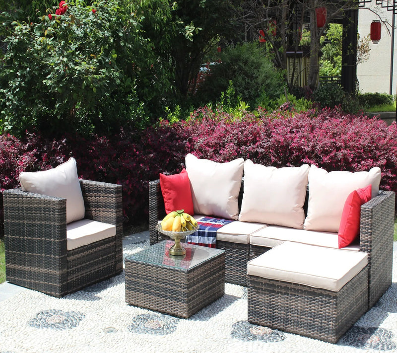 Rattan Patio Furniture Set Wicker Sofa Cushioned Sectional (4 Pieces, Brown) by HouseOfZazla