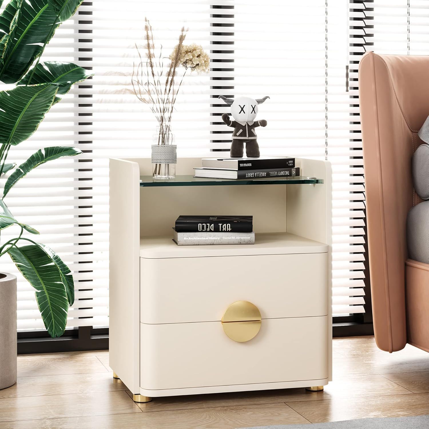 2 Drawer Nightstand With Open Shelf, Bedside Table - Beige by HouseOfZazla