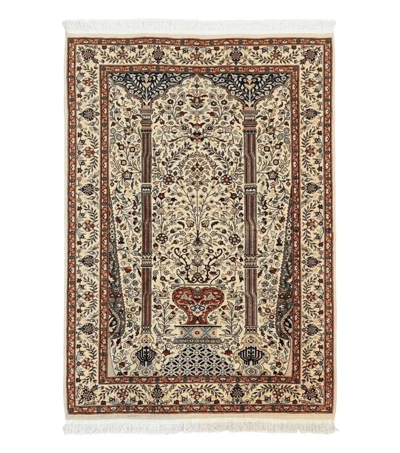 Pak Perisan Prayer Rug 4x6, Tree of LIfe Carpet, Handmade Vintage Wool Rug, Beige, Floral Vases by Jewel Rugs