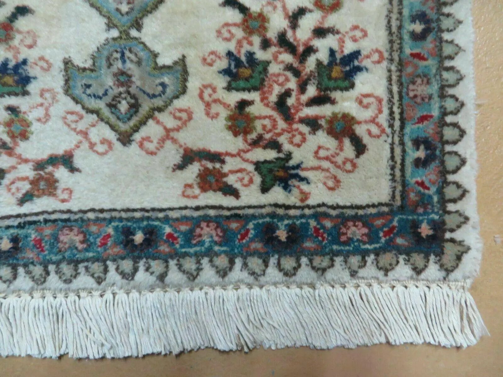 1' 9" X 2' 5" Handmade Indian Wool Rug Lahore Floral Design Small Oriental Rug Beige & Teal by Jewel Rugs