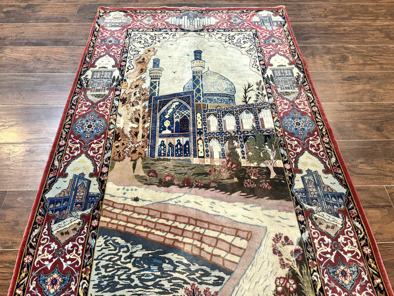 Persian Isfahan Pictorial Rug 3.6 x 5.7, Very Fine 400 KPSI, Historical Buildings, Signed By Masterweaver, Handmade by Jewel Rugs