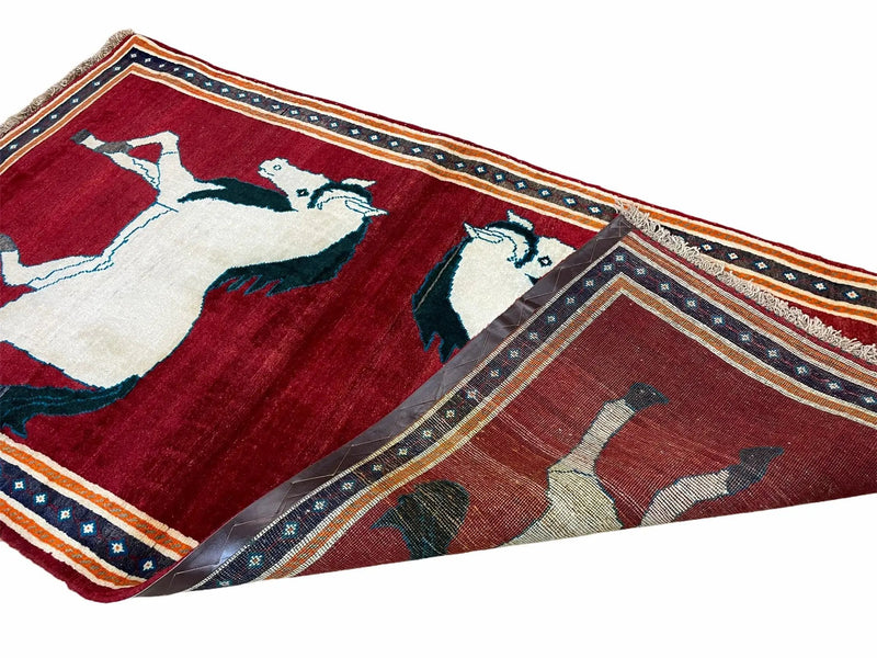 3.5 X 6 Handmade Hand-Knotted New Vintage Rug Quality Wool White Horses Red by Jewel Rugs