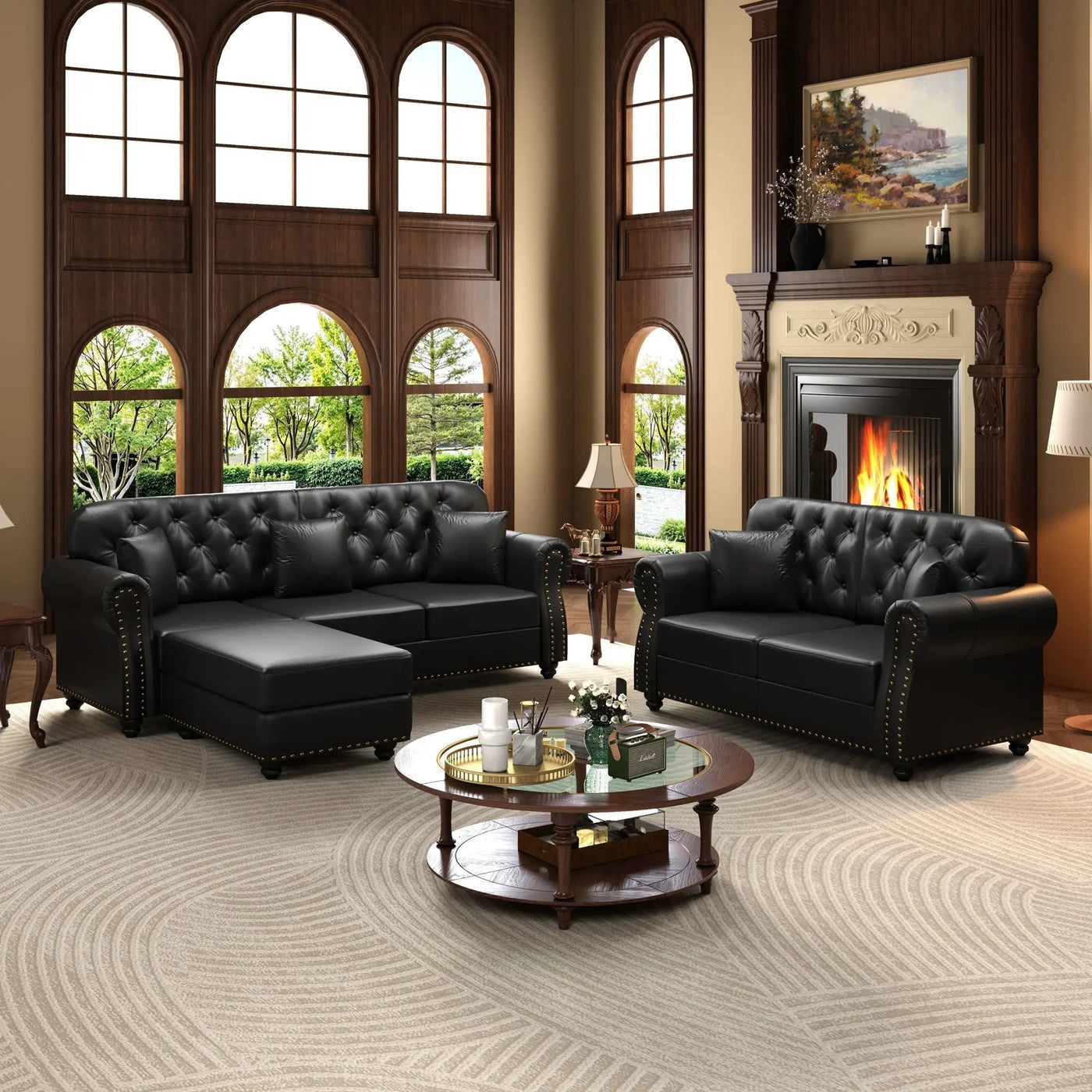Upholstered Sofa With Nailhead Trim, Rolled Armrests With Ottoman by HouseOfZazla